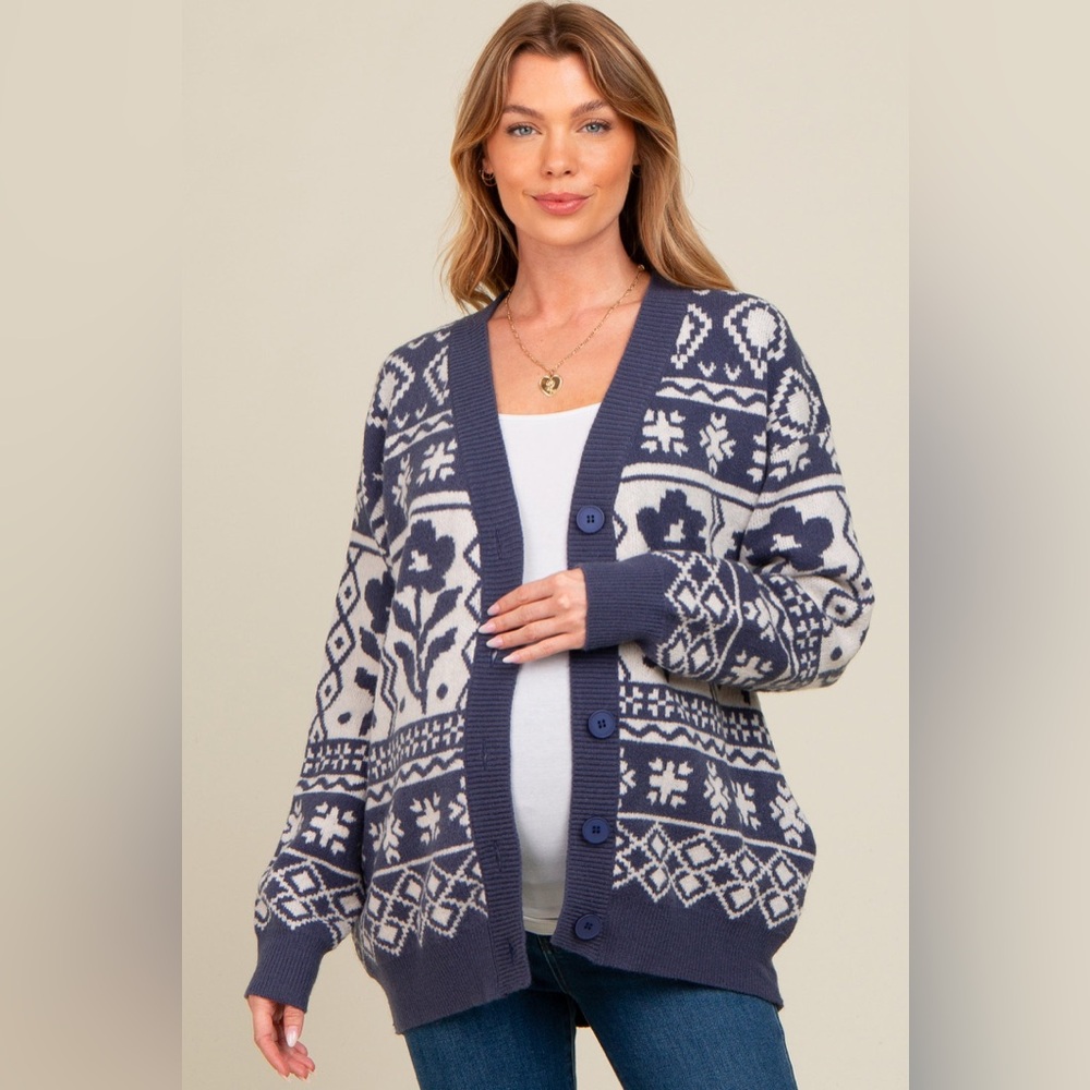 Navy Blue Printed Maternity Button Up Cardigan